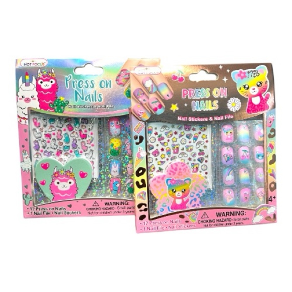 Hot Focus Girls Press On Nails Stickers and File Sets Llama and Cactus and Cats